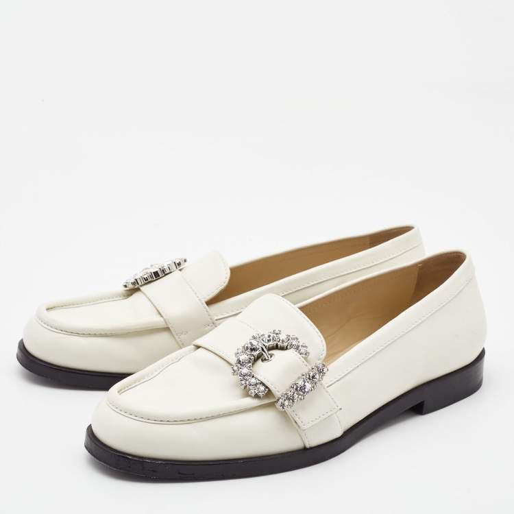 Pre Owned Jimmy Choo White Leather Crystal Embellished Loafers Size 38.5