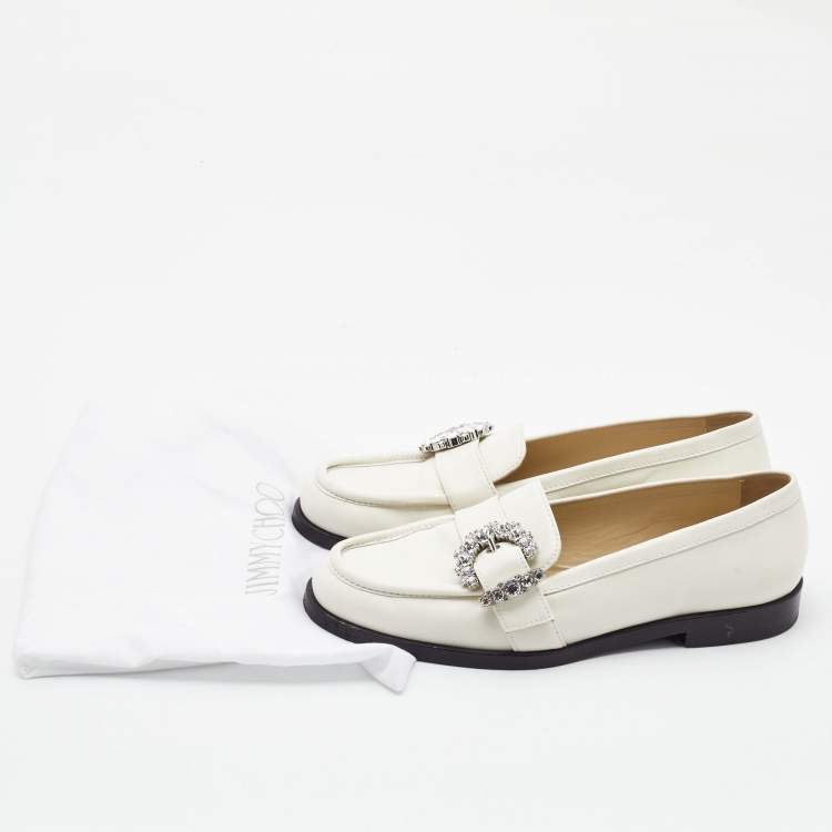 Pre Owned Jimmy Choo White Leather Crystal Embellished Loafers Size 38.5