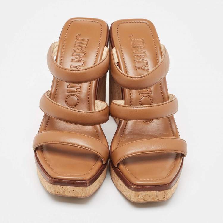 Pre Owned Jimmy Choo Brown Leather Athenia Wedge Sandals Size 39