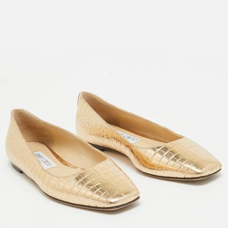 Pre Owned Jimmy Choo Gold Embossed Croc Mirele Ballet Flats Size 36
