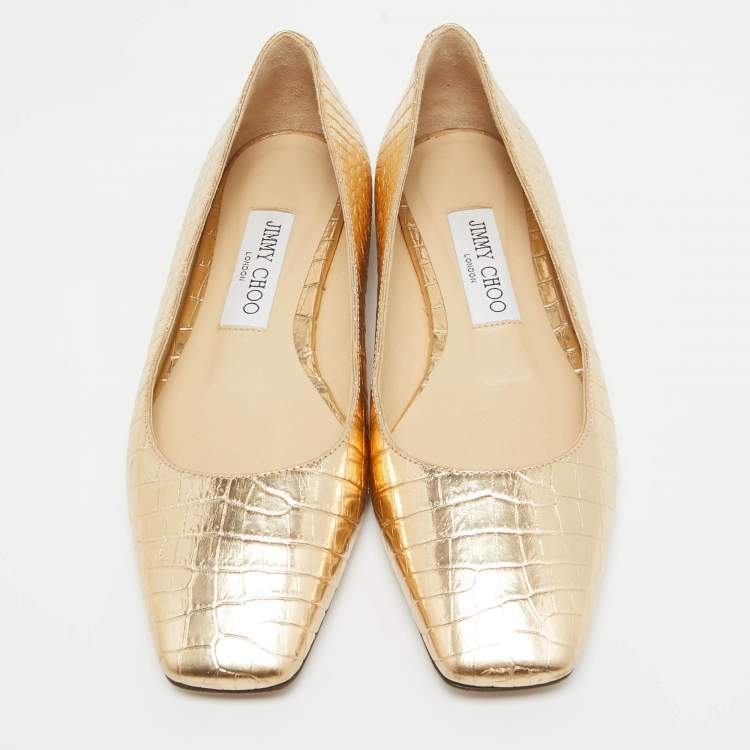 Pre Owned Jimmy Choo Gold Embossed Croc Mirele Ballet Flats Size 36
