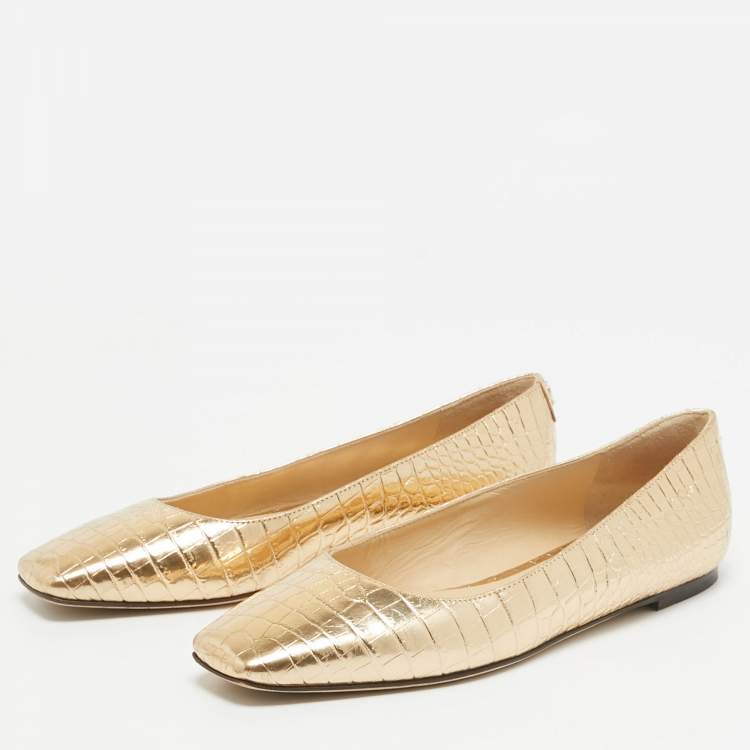 Pre Owned Jimmy Choo Gold Embossed Croc Mirele Ballet Flats Size 36