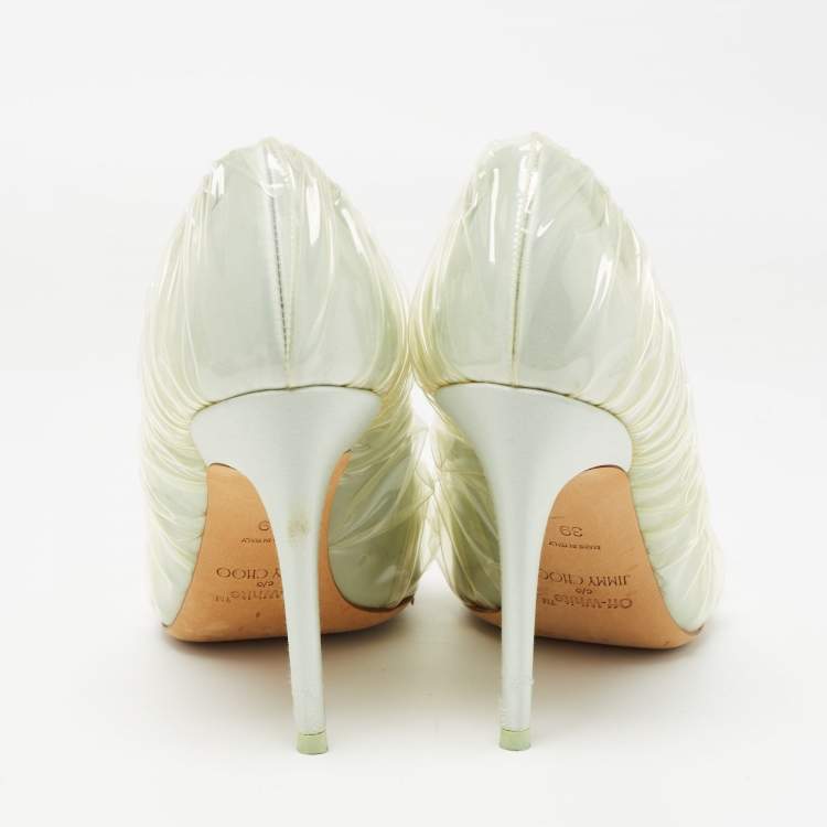 Pre Owned Jimmy Choo x Off-White Light Blue Satin and Pleated PVC Anne Pumps Size 39
