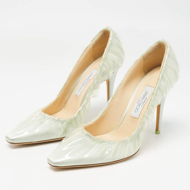 Pre Owned Jimmy Choo x Off-White Light Blue Satin and Pleated PVC Anne Pumps Size 39