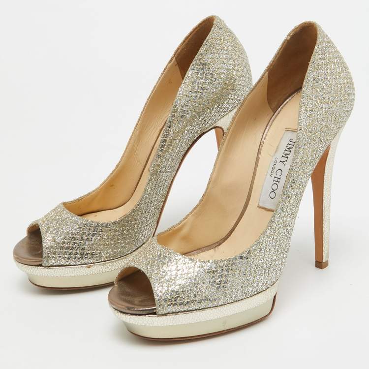 Pre Owned Jimmy Choo Gold Glitter Fabric Torte Platform Pumps Size 39