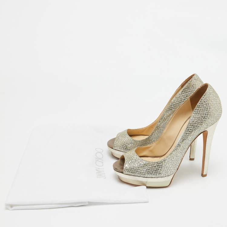 Pre Owned Jimmy Choo Gold Glitter Fabric Torte Platform Pumps Size 39