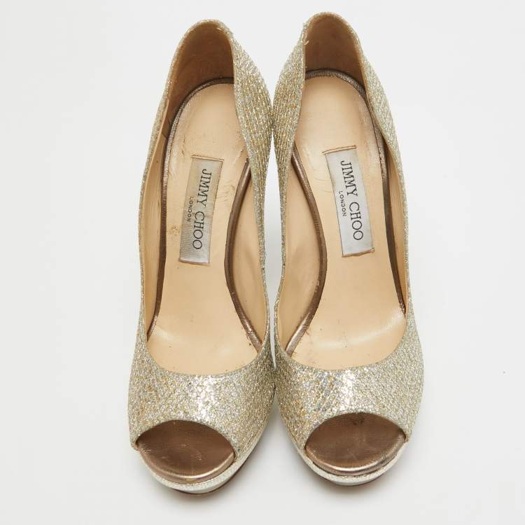 Pre Owned Jimmy Choo Gold Glitter Fabric Torte Platform Pumps Size 39
