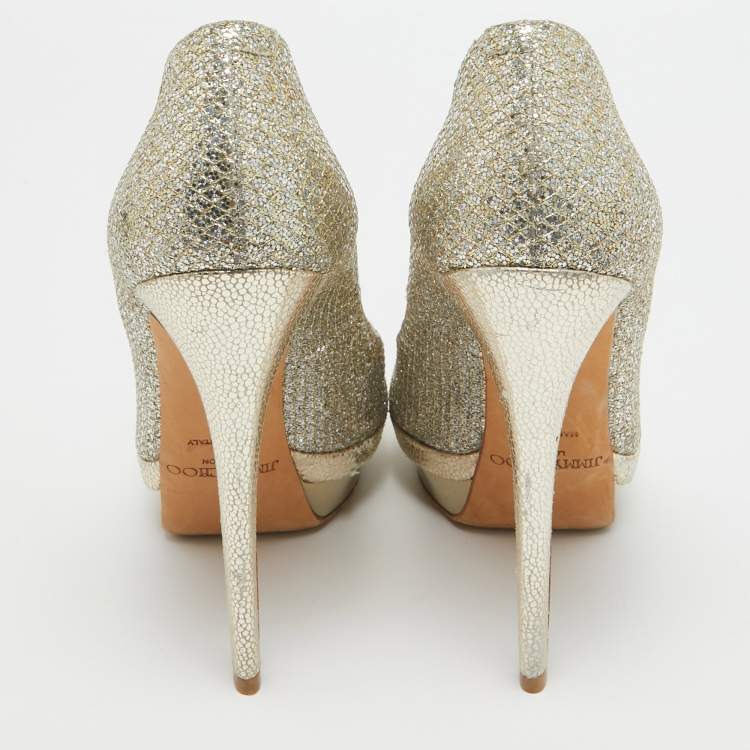 Pre Owned Jimmy Choo Gold Glitter Fabric Torte Platform Pumps Size 39