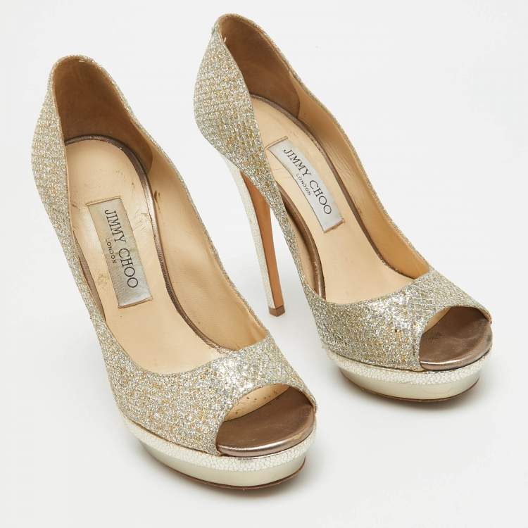 Pre Owned Jimmy Choo Gold Glitter Fabric Torte Platform Pumps Size 39