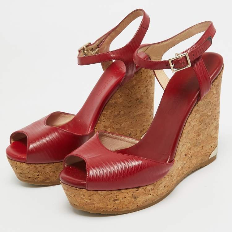 Pre Owned Jimmy Choo Red Leather Pela Cork Wedge Sandals Size 35.5