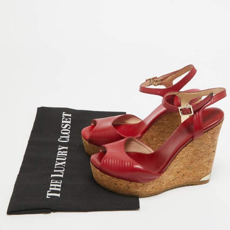 Pre Owned Jimmy Choo Red Leather Pela Cork Wedge Sandals Size 35.5