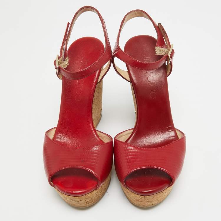 Pre Owned Jimmy Choo Red Leather Pela Cork Wedge Sandals Size 35.5