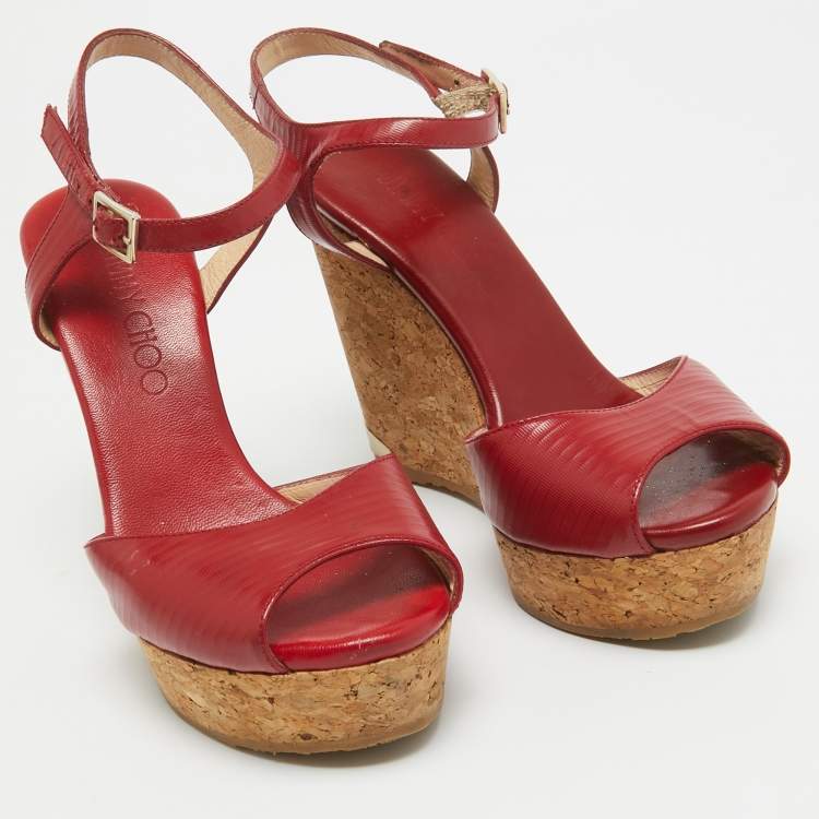 Pre Owned Jimmy Choo Red Leather Pela Cork Wedge Sandals Size 35.5