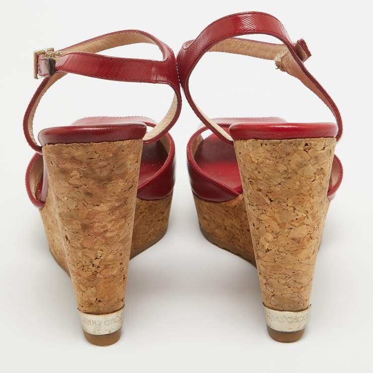 Pre Owned Jimmy Choo Red Leather Pela Cork Wedge Sandals Size 35.5