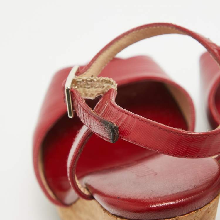 Pre Owned Jimmy Choo Red Leather Pela Cork Wedge Sandals Size 35.5
