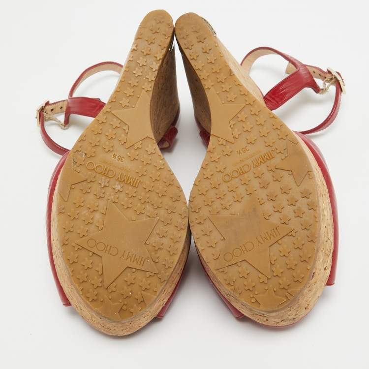 Pre Owned Jimmy Choo Red Leather Pela Cork Wedge Sandals Size 35.5