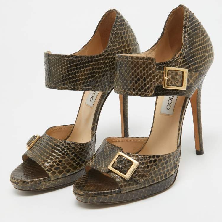 Pre Owned Jimmy Choo Green/Brown Python Buckle Pumps Size 36.5