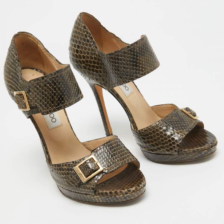 Pre Owned Jimmy Choo Green/Brown Python Buckle Pumps Size 36.5