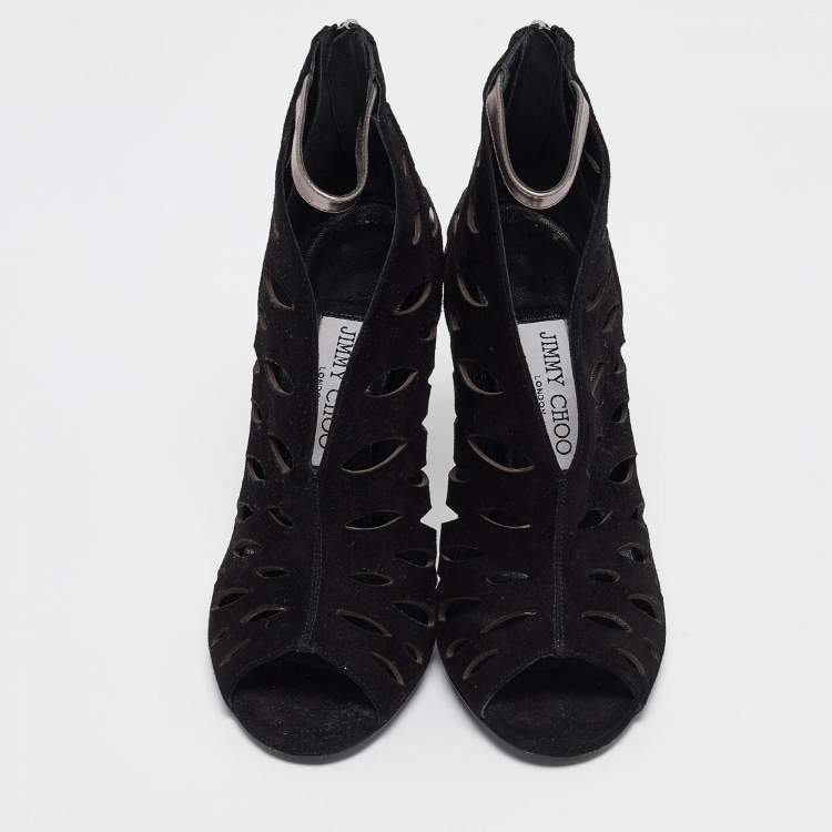 مملوكة مسبقًا Jimmy Choo Black/Metallic Suede and Leather Cut Out Tamber Booties Size 37