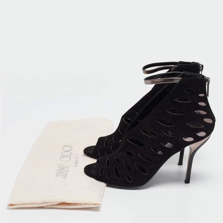 مملوكة مسبقًا Jimmy Choo Black/Metallic Suede and Leather Cut Out Tamber Booties Size 37