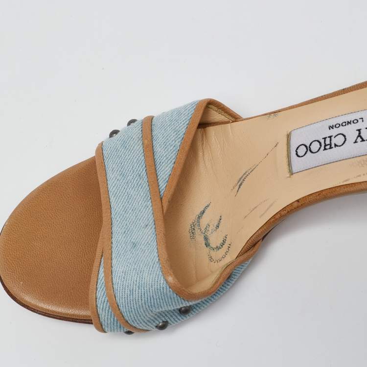 Pre Owned Jimmy Choo Navy Blue/Beige Leather Studded Open Toe Slide Sandals Size 37.5
