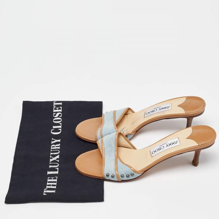 Pre Owned Jimmy Choo Navy Blue/Beige Leather Studded Open Toe Slide Sandals Size 37.5