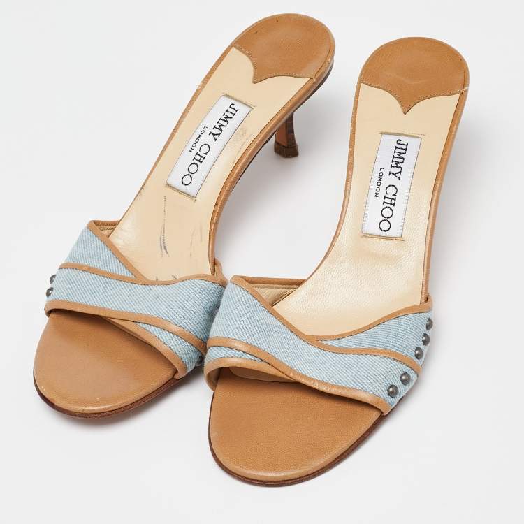 Pre Owned Jimmy Choo Navy Blue/Beige Leather Studded Open Toe Slide Sandals Size 37.5