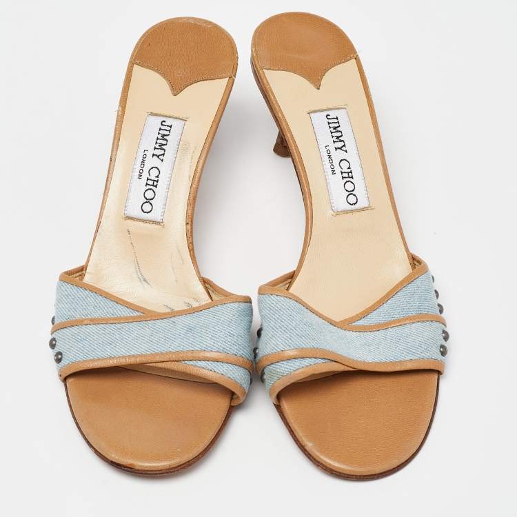 Pre Owned Jimmy Choo Navy Blue/Beige Leather Studded Open Toe Slide Sandals Size 37.5