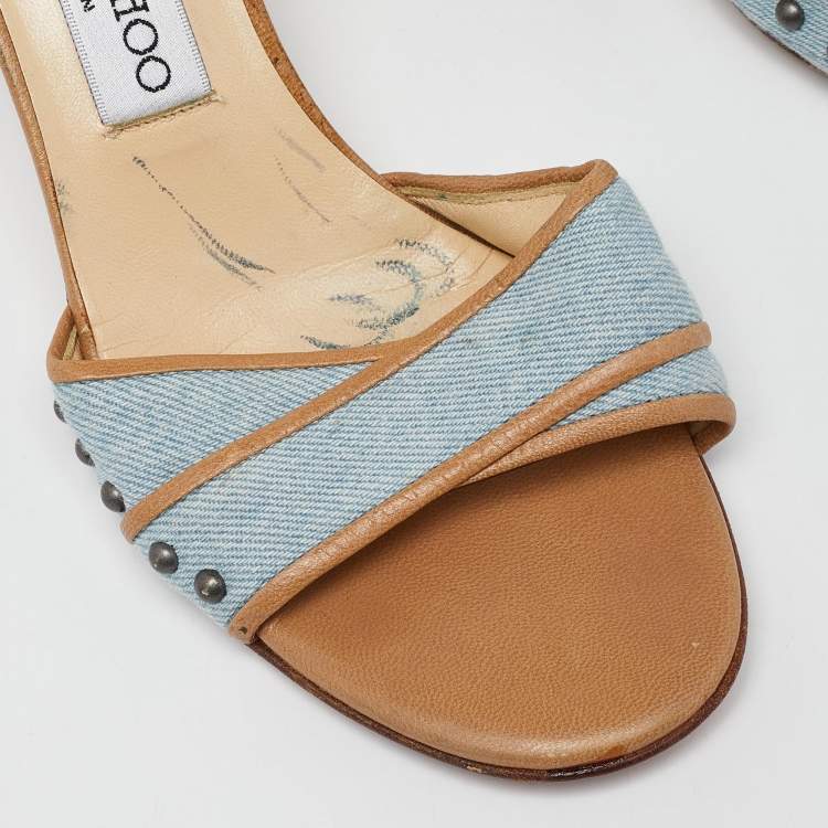 Pre Owned Jimmy Choo Navy Blue/Beige Leather Studded Open Toe Slide Sandals Size 37.5