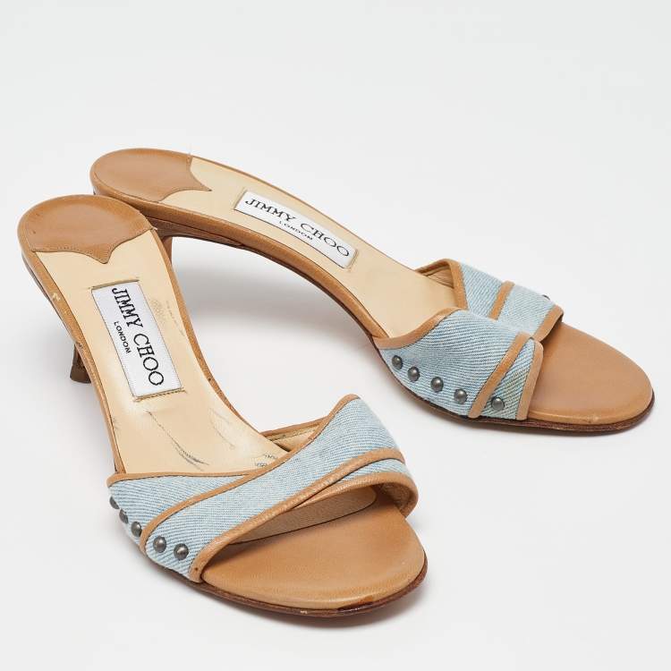 Pre Owned Jimmy Choo Navy Blue/Beige Leather Studded Open Toe Slide Sandals Size 37.5