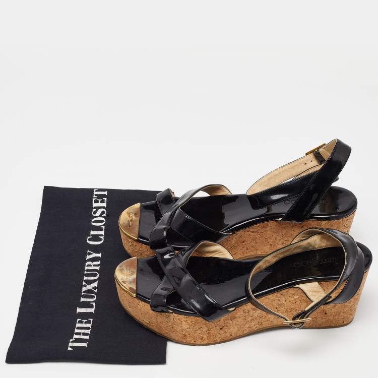 Pre Owned Jimmy Choo Black Patent Leather Cork Wedge Platform Ankle Strap Sandals Size 39