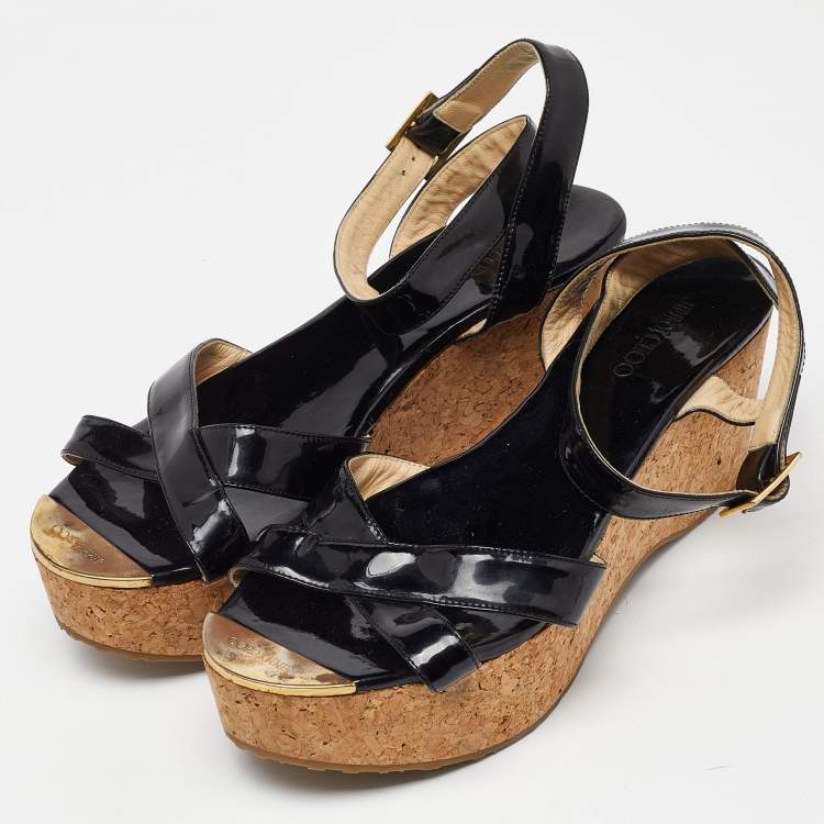 Pre Owned Jimmy Choo Black Patent Leather Cork Wedge Platform Ankle Strap Sandals Size 39