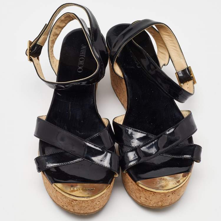 Pre Owned Jimmy Choo Black Patent Leather Cork Wedge Platform Ankle Strap Sandals Size 39
