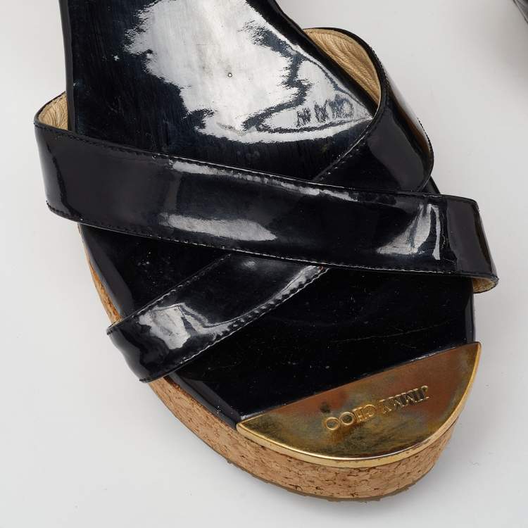 Pre Owned Jimmy Choo Black Patent Leather Cork Wedge Platform Ankle Strap Sandals Size 39