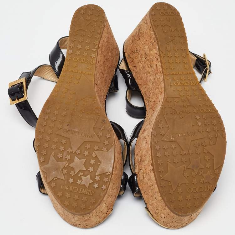 Pre Owned Jimmy Choo Black Patent Leather Cork Wedge Platform Ankle Strap Sandals Size 39