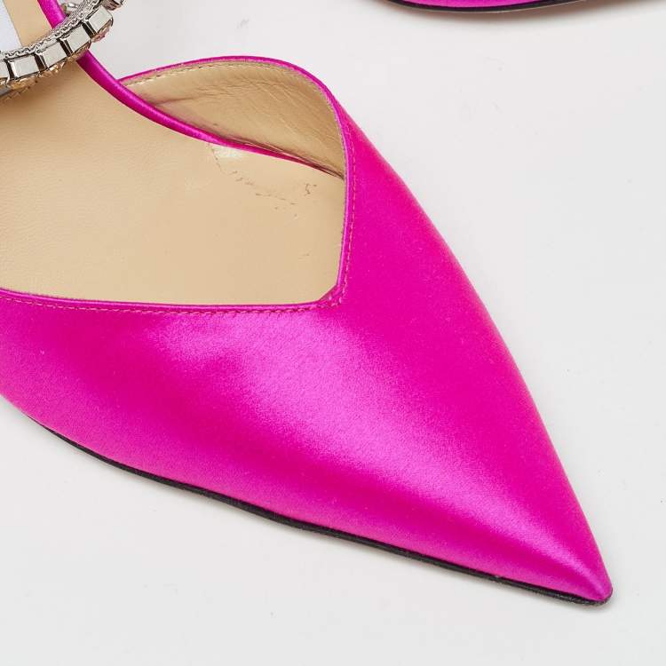 Pre Owned Jimmy Choo Fuchsia Satin Saeda Crystals Ankle Strap Pumps Size 38.5