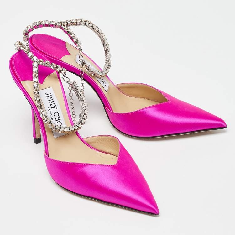 Pre Owned Jimmy Choo Fuchsia Satin Saeda Crystals Ankle Strap Pumps Size 38.5
