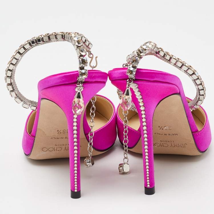 Pre Owned Jimmy Choo Fuchsia Satin Saeda Crystals Ankle Strap Pumps Size 38.5