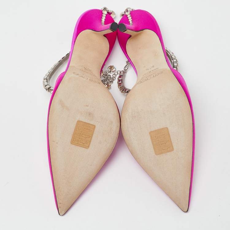 Pre Owned Jimmy Choo Fuchsia Satin Saeda Crystals Ankle Strap Pumps Size 38.5