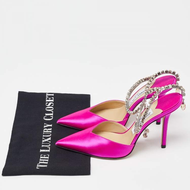 Pre Owned Jimmy Choo Fuchsia Satin Saeda Crystals Ankle Strap Pumps Size 38.5