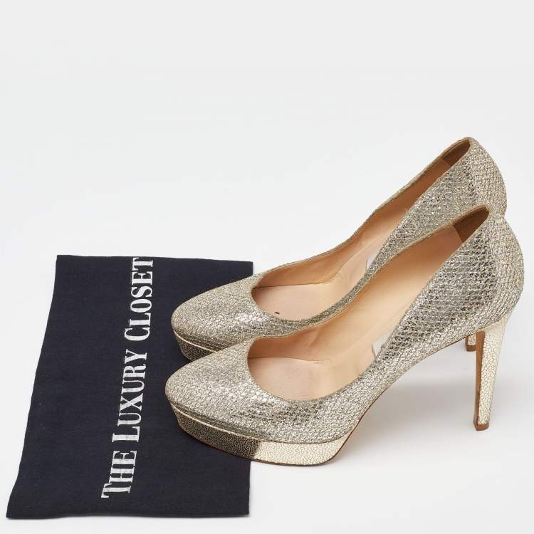 Pre Owned Jimmy Choo Gold Coarse Glitter Eros Platform Pumps Size 39.5