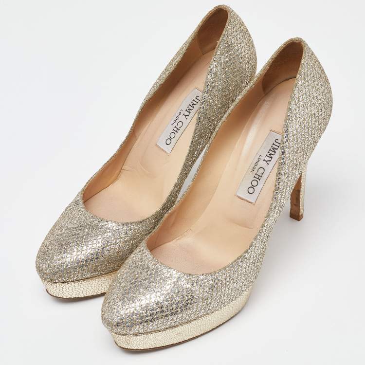 Pre Owned Jimmy Choo Gold Coarse Glitter Eros Platform Pumps Size 39.5