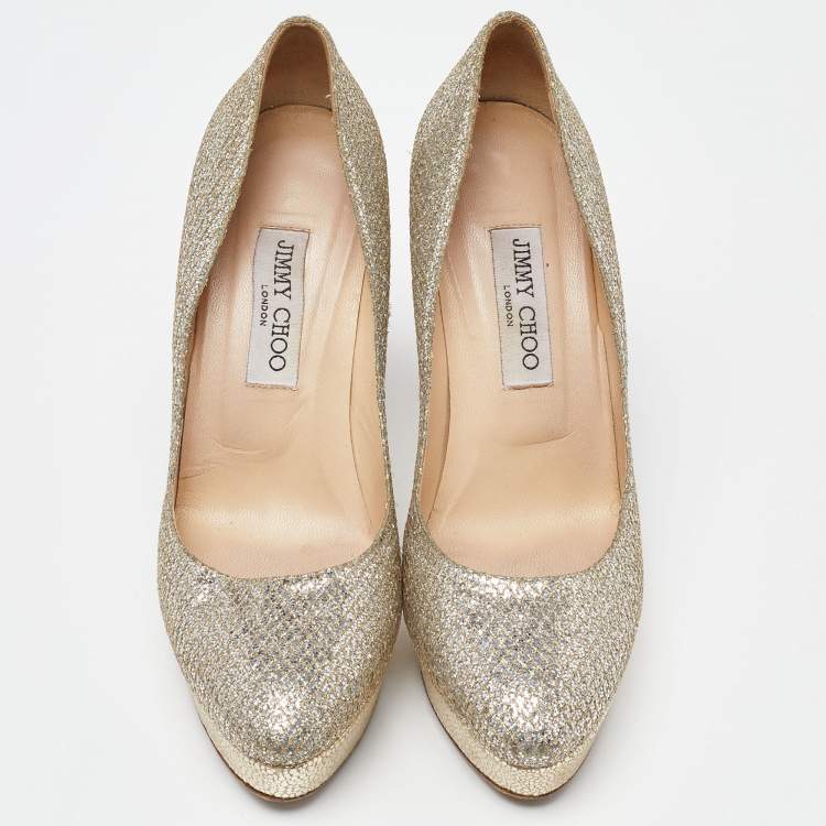 Pre Owned Jimmy Choo Gold Coarse Glitter Eros Platform Pumps Size 39.5