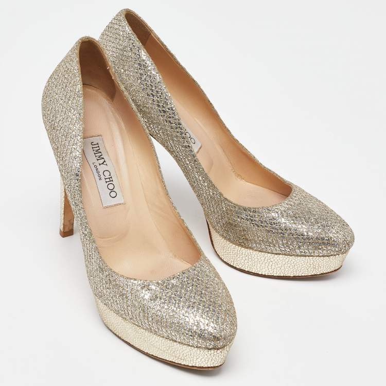 Pre Owned Jimmy Choo Gold Coarse Glitter Eros Platform Pumps Size 39.5