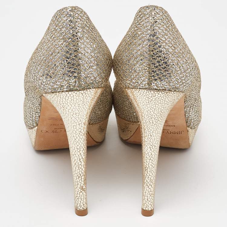 Pre Owned Jimmy Choo Gold Coarse Glitter Eros Platform Pumps Size 39.5