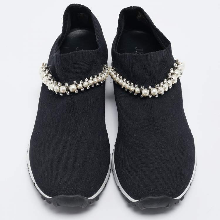Pre Owned Jimmy Choo Black Knit Fabric Crystal Embellished Verona Sneakers Size 39