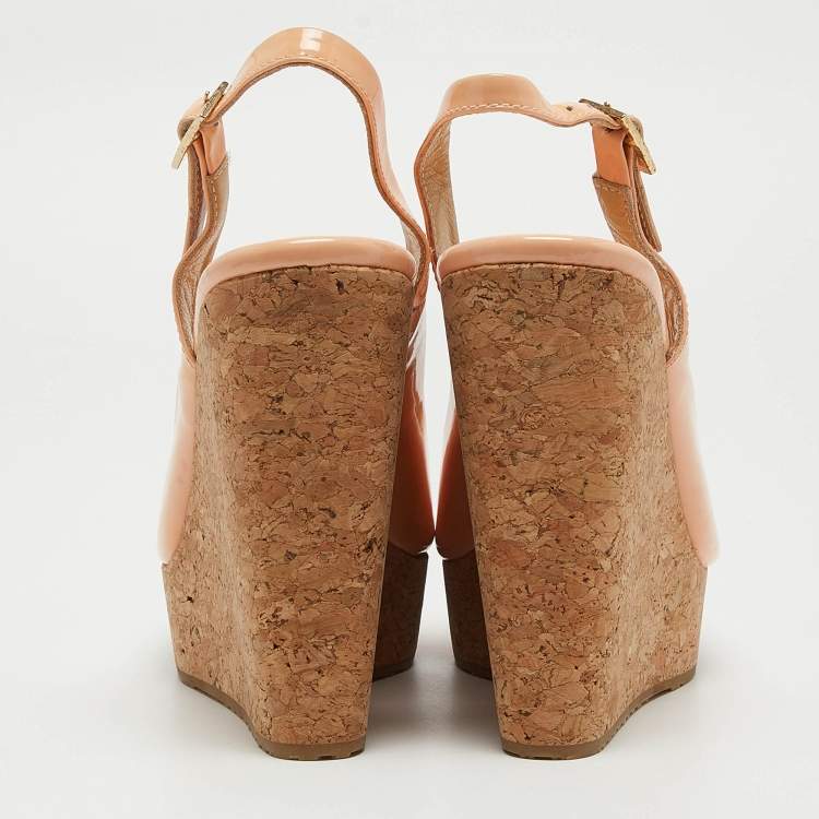 Pre Owned Jimmy Choo Peach Patent Leather Prova Wedge Sandals Size 37.5