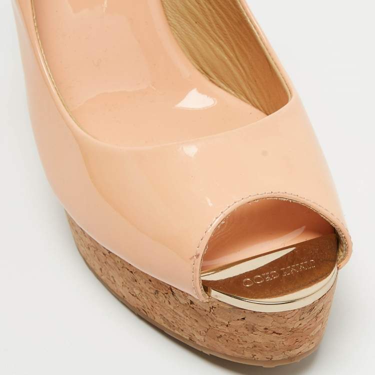 Pre Owned Jimmy Choo Peach Patent Leather Prova Wedge Sandals Size 37.5