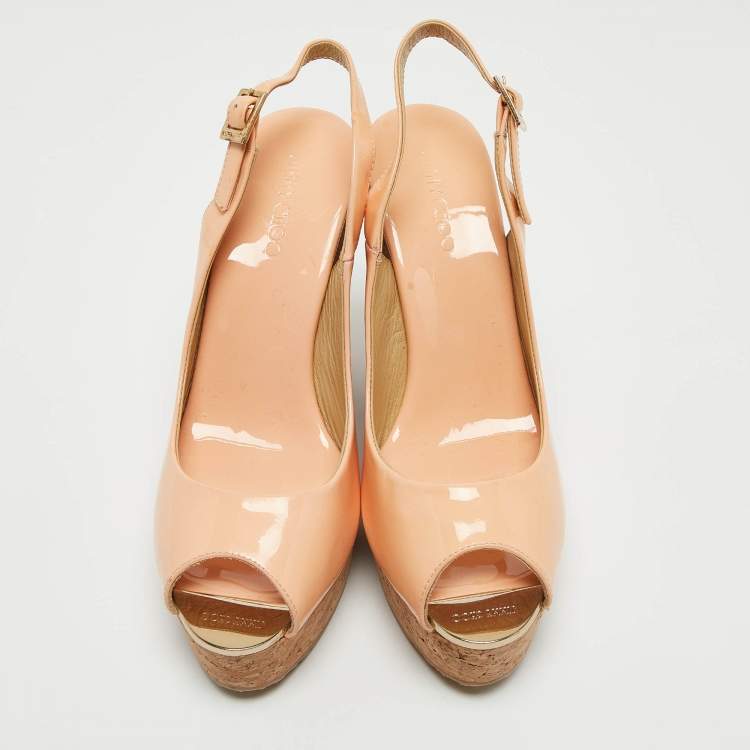 Pre Owned Jimmy Choo Peach Patent Leather Prova Wedge Sandals Size 37.5