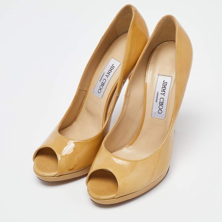 Pre Owned Jimmy Choo Beige Patent Leather Crown Peep Toe Pumps Size 40